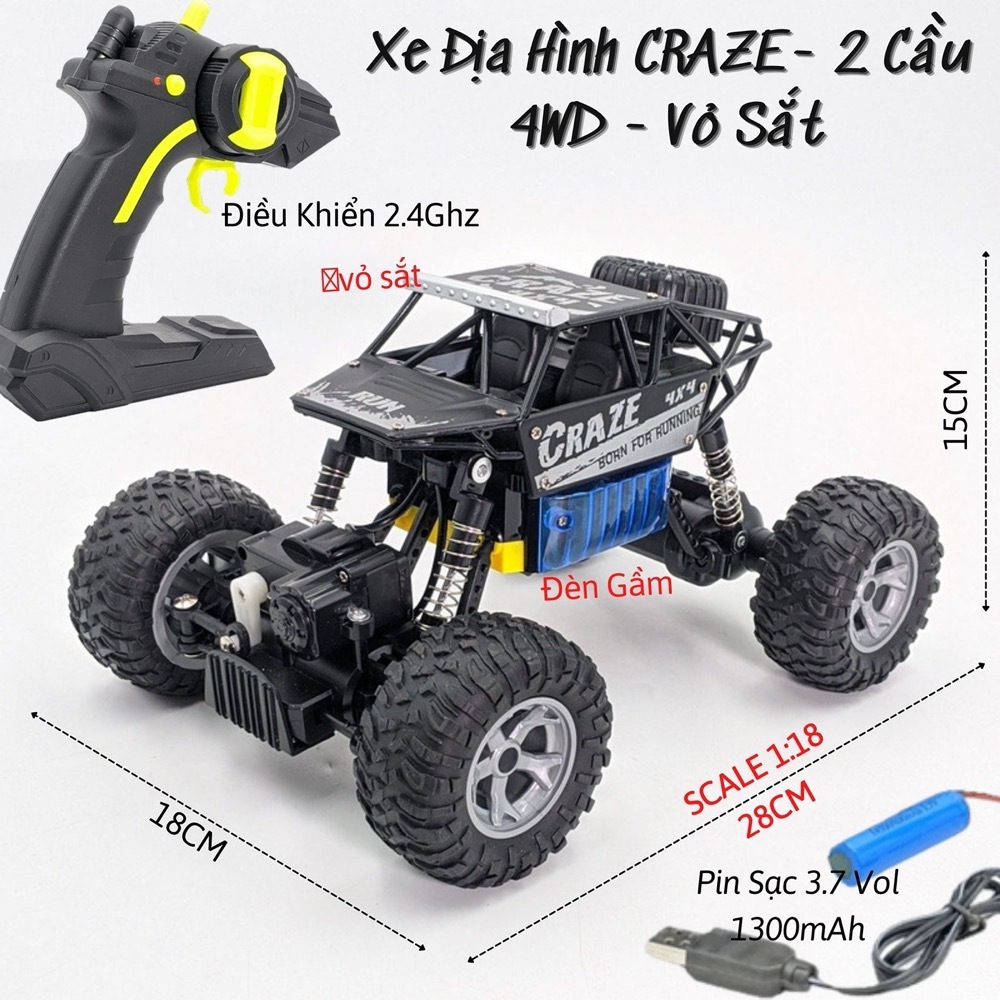 (2 PIn Sạc)Xe điều khiển từ xa địa hình SIÊU HẦM HỐ Monster Vỏ Sắt-Pin Trâu