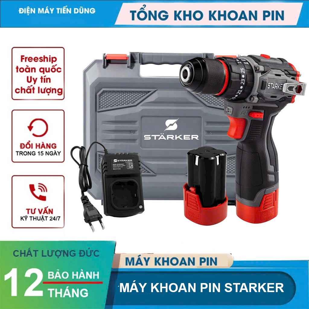 Máy khoan pin cầm tay, máy bắn vít STARKER kèm Phụ Kiện 3 Chức Năng KHOAN, VÍT, BÚA ,máy khoan tường,BH máy 12 tháng
