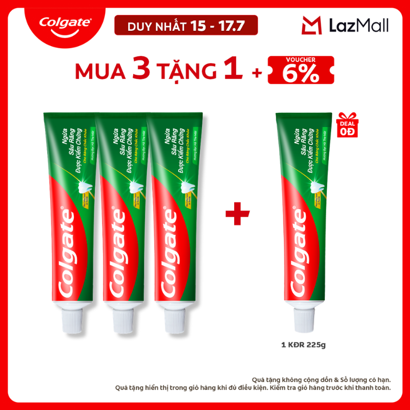 [Chỉ 15-17.7_Mua 3 tặng 1] Bộ 3 Kem đánh răng Colgate ngừa sâu răng răng chắc khỏe 225g/tuýp