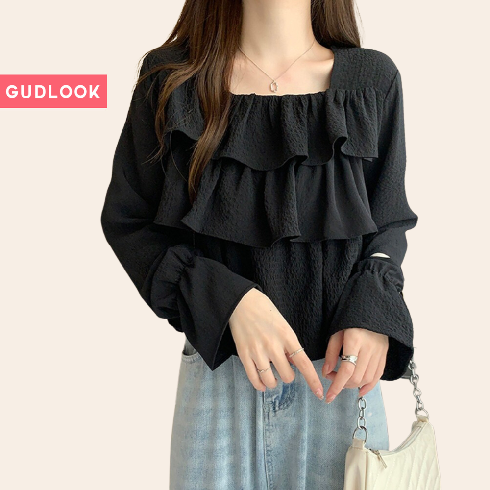 Áo Babydoll Nhún 3 Tầng GUDLOOK Sơ Mi Nữ Cổ Vuông Tiểu Thư