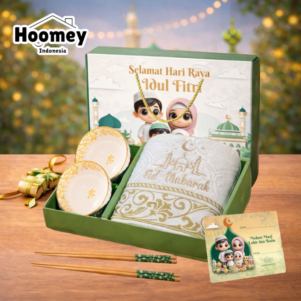 Hampers Lebaran 2026 Eid Mubarak Hoomey – Set of Embroidered Towels & Premium Ceramic Bowls | Elegant…
