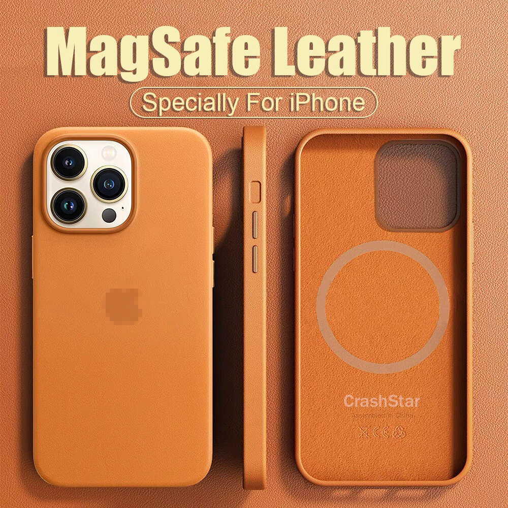 CrashStar With Logo Official Magsafe Leather Phone Case For iPhone 16 15 14 Pro Max 16 Plus 15 Plus 13 12 Pro Max 13 Mini Wireless Charging Hard Shockproof Phone Casing Luxury Business Anti-fall Phone Cover Shell With Velvet Inside