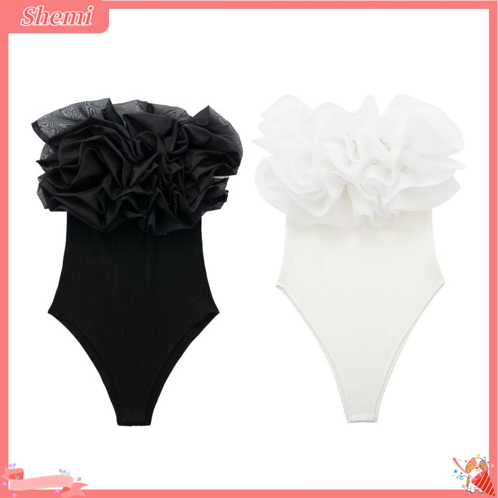 Shemi off-vai Jumpsuit màu trơn bodysuit hở vai gợi cảm đan có gân bodysuit với hoa chi tiết hợp thời trang Đồ bay ngắn không tay cho phụ nữ trong Châu Á