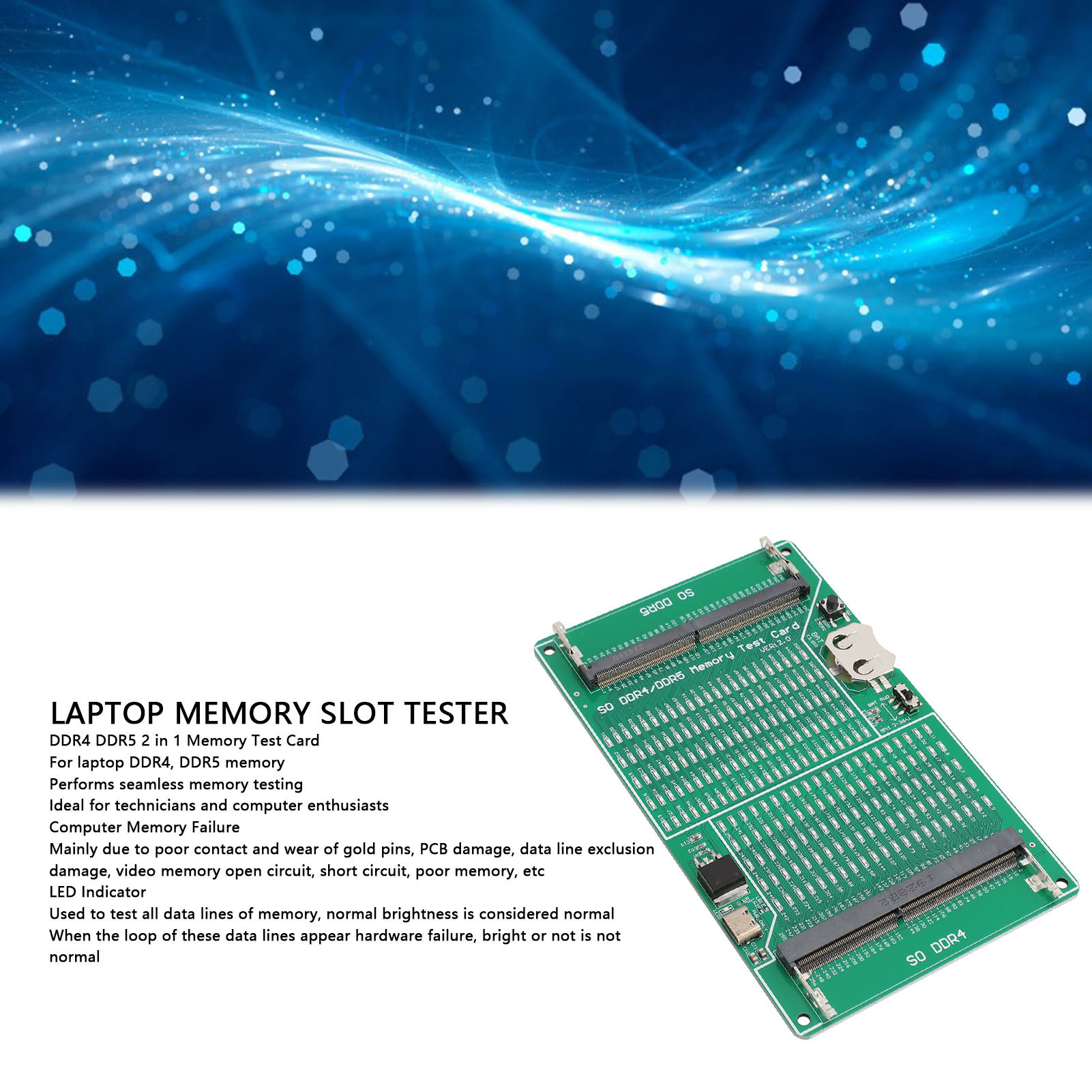 DDR4 DDR5 Bộ nhớ thử nghiệm Bộ nhớ Khe cắm thử nghiệm Dễ sử dụng đèn báo LED đa chức năng cho máy tính xách tay