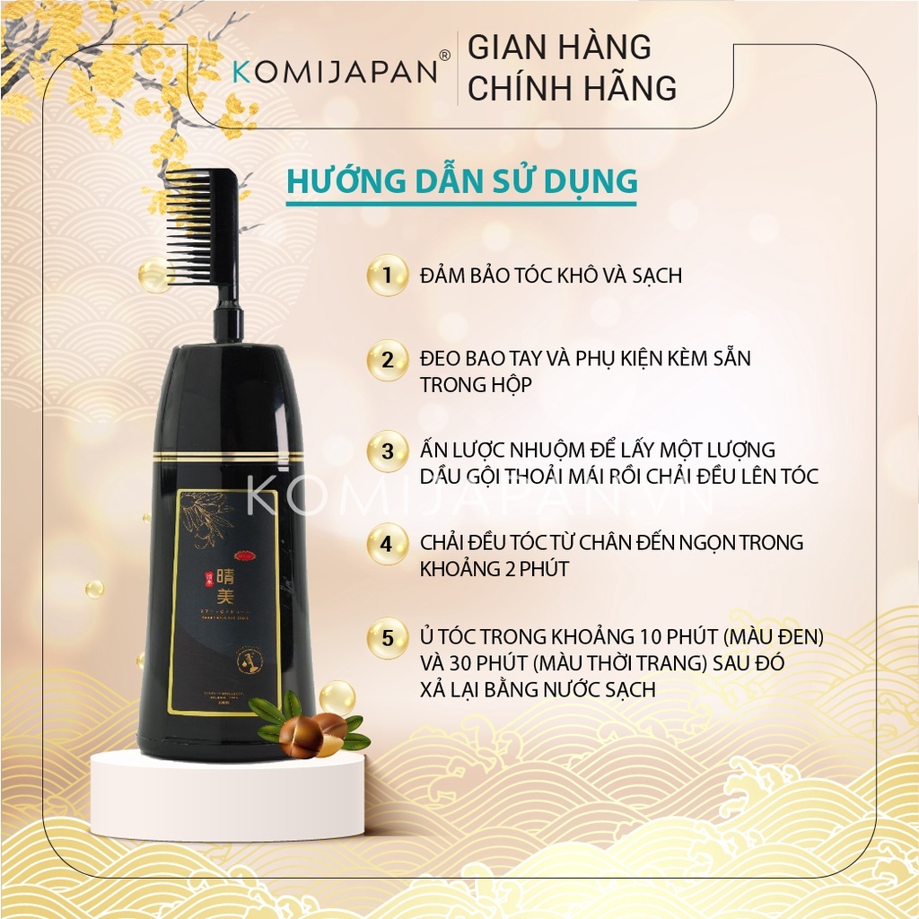 Dầu Gội Phủ Bạc KOMI 350ml Màu Đen Có Lược Chải Giúp Đen Tóc Tự Nhiên Bằng Nhân Sâm Nhật Bản