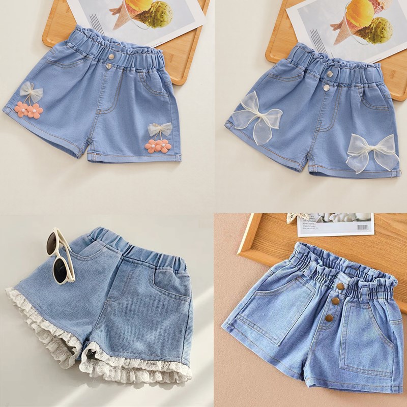 Cô Gái Quần short denim hoạt hình mùa hè Thời Trang Dễ Thương Quần Short ren hoa Tất Cả Các Trận Đấu Trẻ Em Của Quần Cô Gái Quần short denim Thanh Thiếu Niên