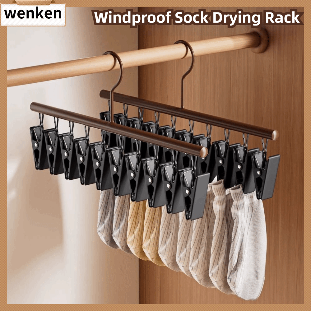 WENKEN 1PC Thép không gỉ Móc treo quần áo Chống gió với 10 clip Móc treo tất Bền bỉ Chống gỉ Giá phơi đồ cho tất và đồ lót