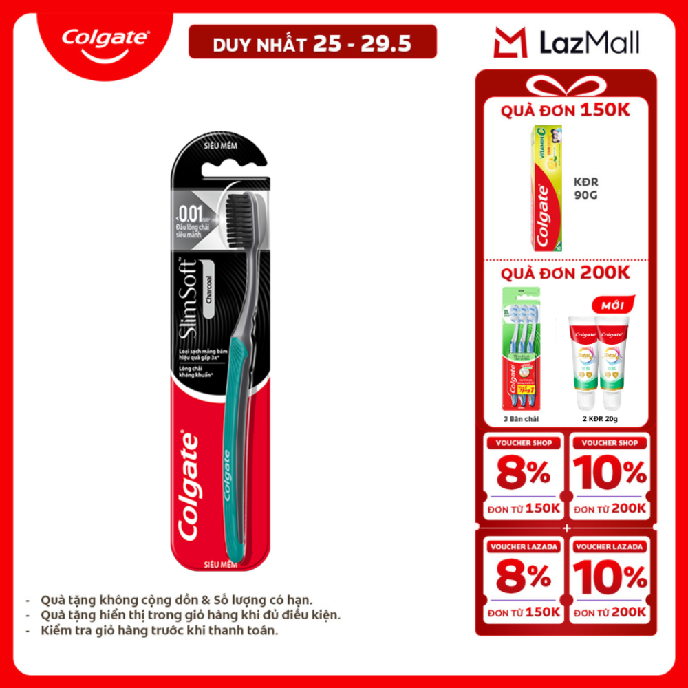 [Chỉ 25-29.5_X2 Voucher giảm 20%] Bàn chải Colgate than hoạt tính kháng khuẩn SlimSoft Charcoal mềm mảnh