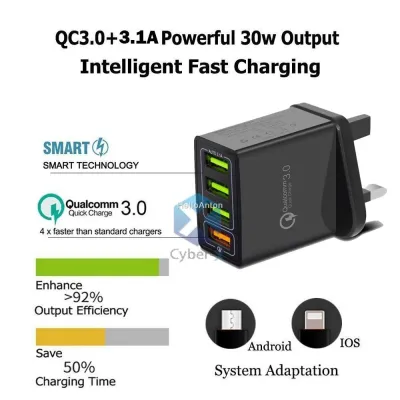 Qualcomm Quick QC 3.0 Wall 4 Port USB Fast Charging Portable Power Adapter Charger (Black / White)