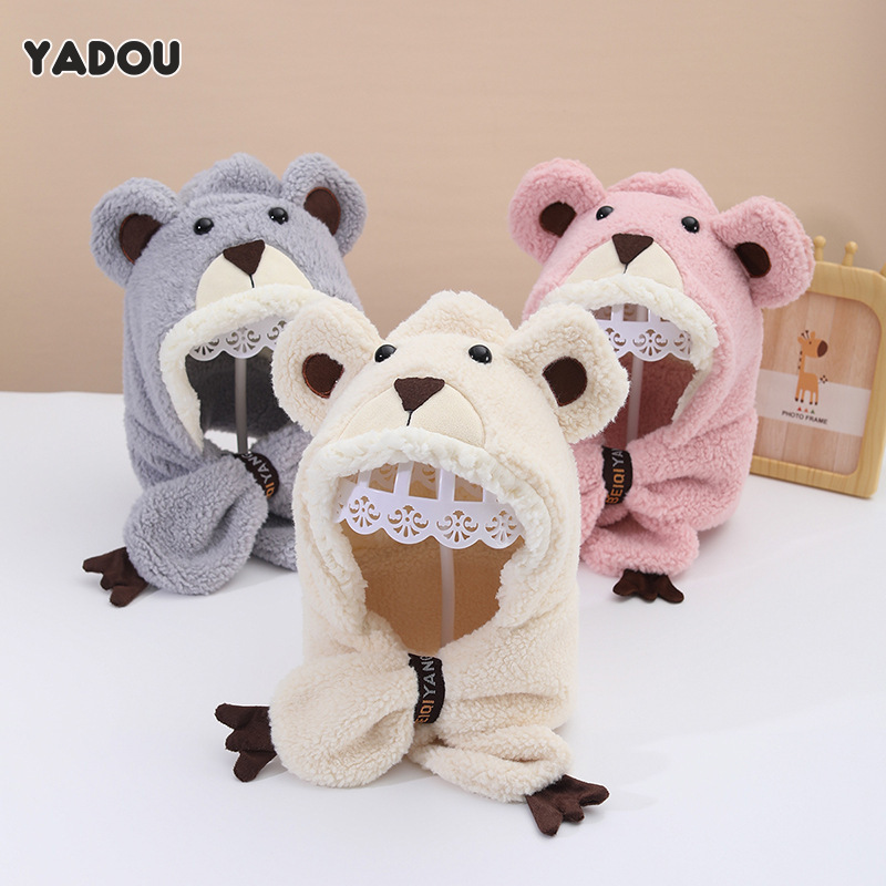 YADOU Children's hats, boys and girls winter warm scarf, bear cute baby plus velvet one-piece ear protection hat ราคา 222 บาท*ส่งฟรี