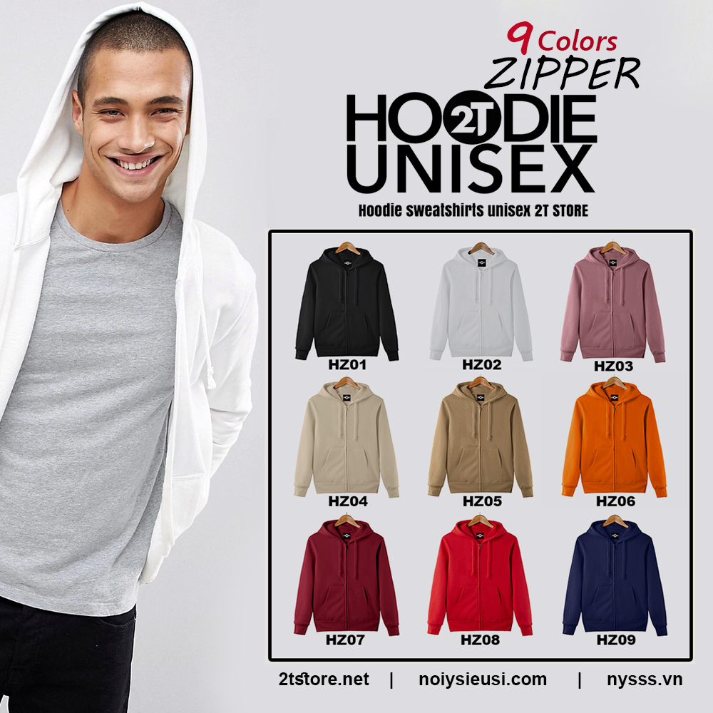Áo Hoodie Zipper Unisex 2T Store 9 Màu Sắc