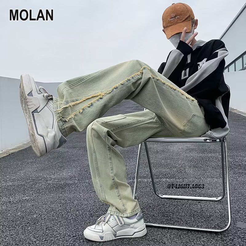 MOLAN Rough edge design sense jeans men Loose straight jeans Pocket jeans