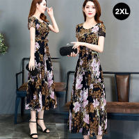 FASHLOVER Summer Short Sleeve Printed Mid-Length Elegant Dress Casual Style Round-Neck Dress