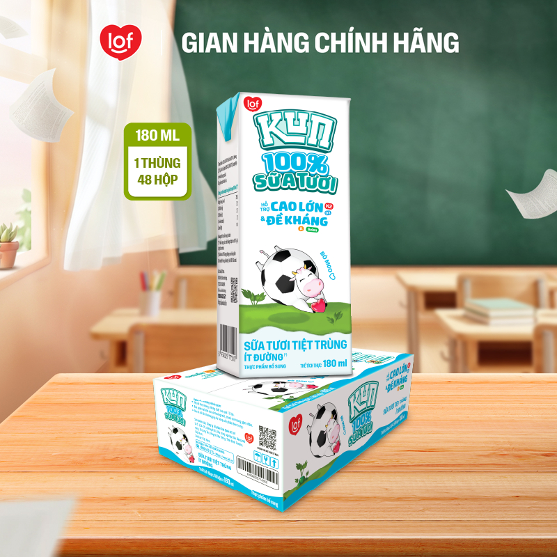 100% sữa tươi KUN ít đường thùng 48 hộp x 180ml
