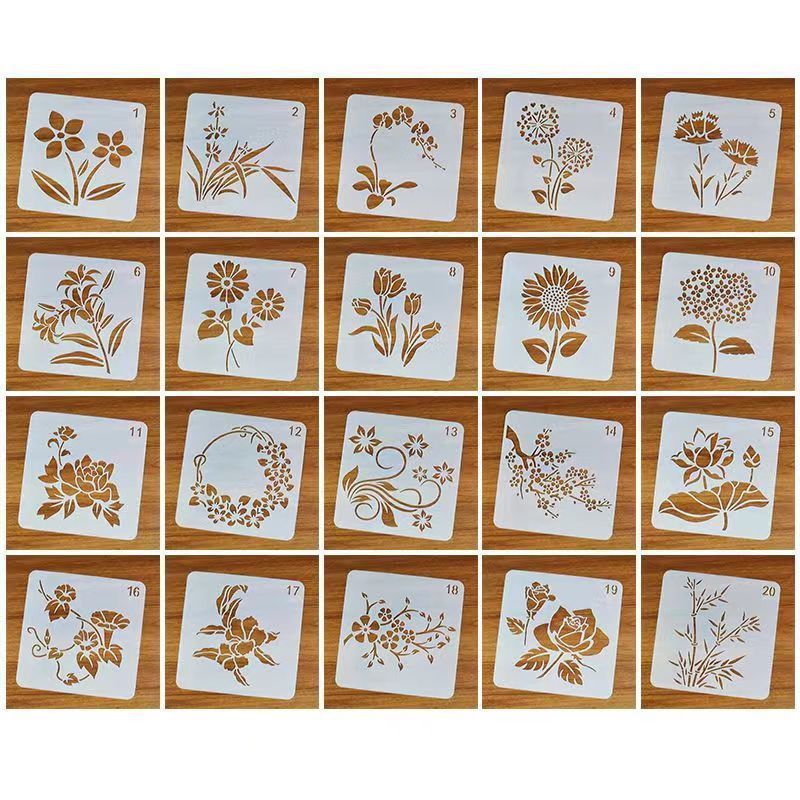Set Bunga Stensil Gambar 20pcs Anak Bunga Lubang Khusus Tugas Sekolah Scrapbook Diy Bahan Pvc 13x13cm