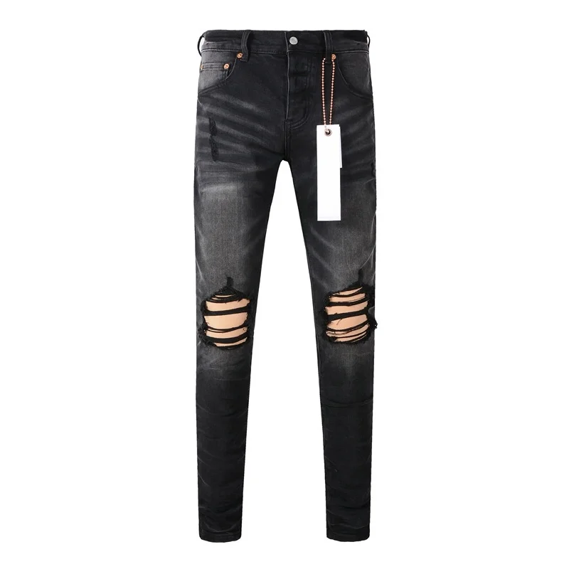 【A Popular】  2024 Purple Jeans Men Fashion high quality High Street Black Hole Repair Low Rise Skinny Denim pants 9029