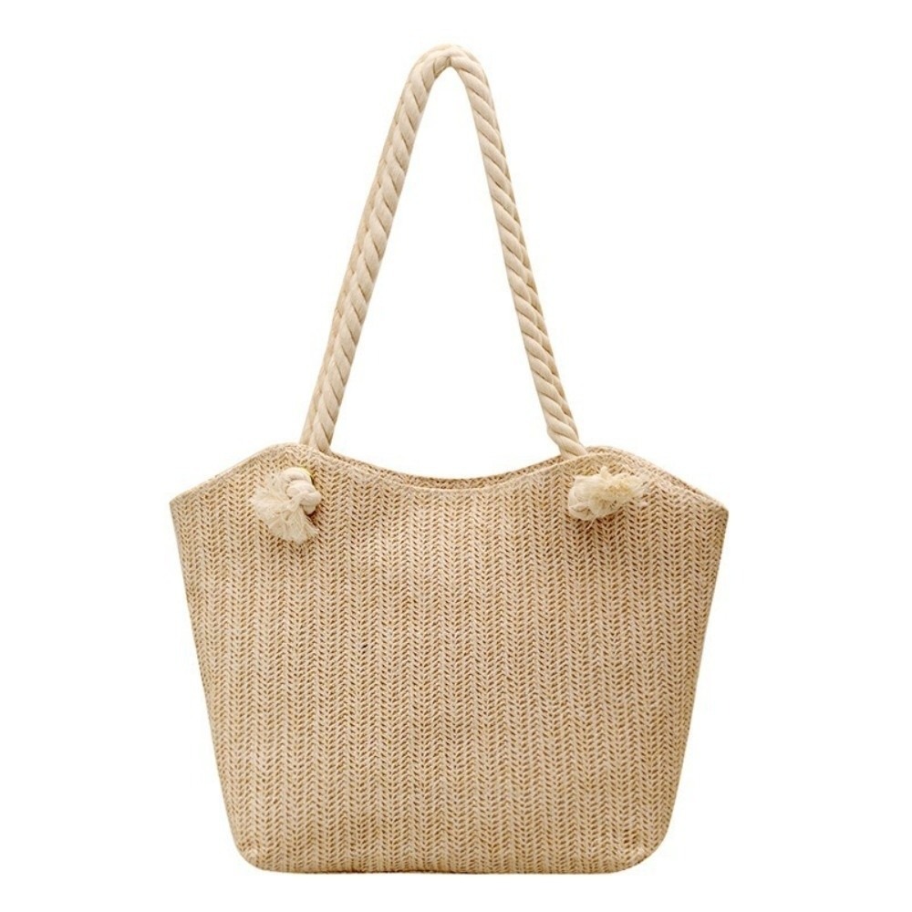 VB45D Màu đơn sắc Túi cói Dung lượng lớn Bohemian Túi đeo vai dưới cánh tay Thanh lịch Rộng rãi Túi xách đi biển Nữ - 3
