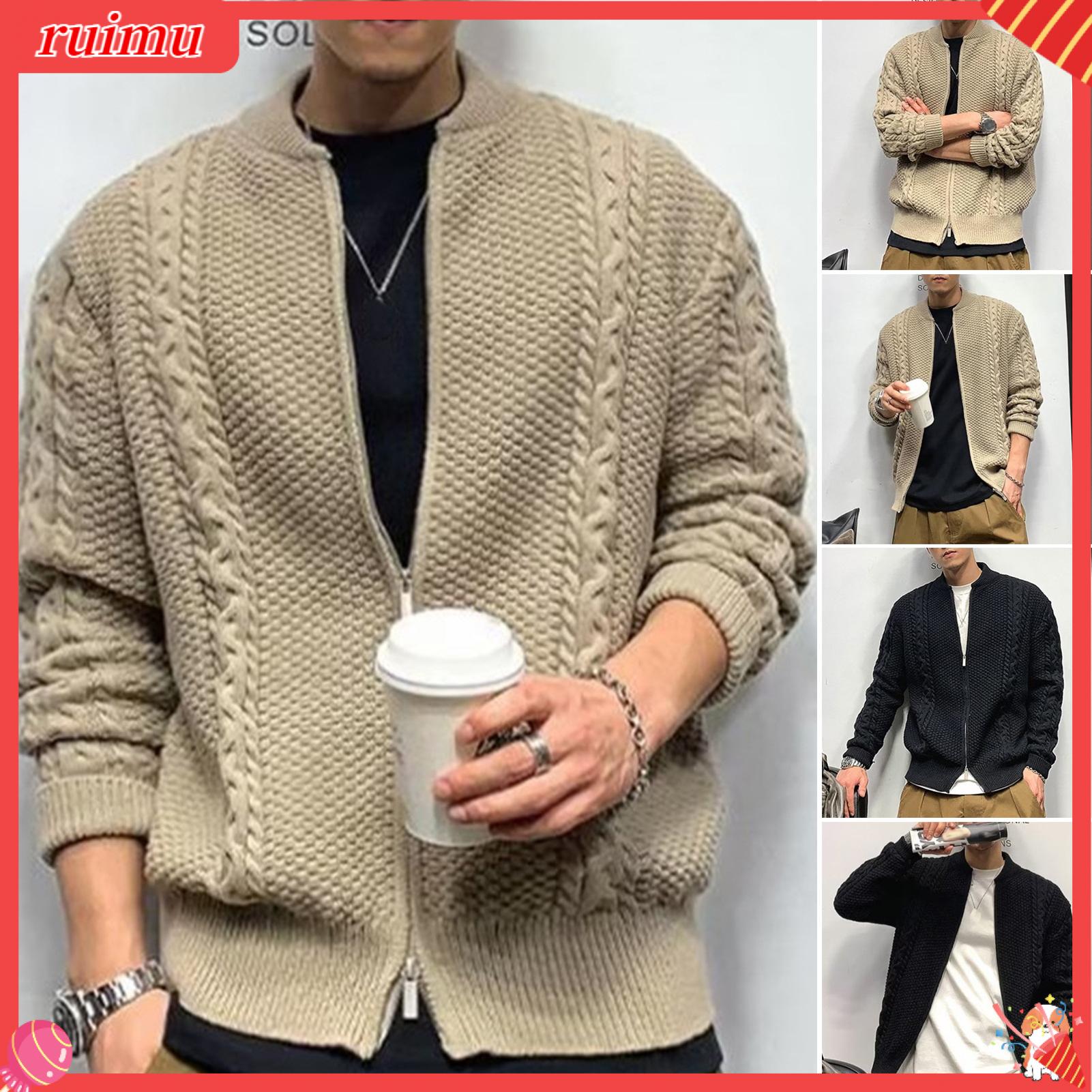 Ruimu màu trơn Áo len cổ tròn hàng Dệt Kim Nam ấm Zip-up Cardigan áo khoác áo len cho mùa thu đông hàng dệt kim cho mặc hàng ngày trong Châu Á