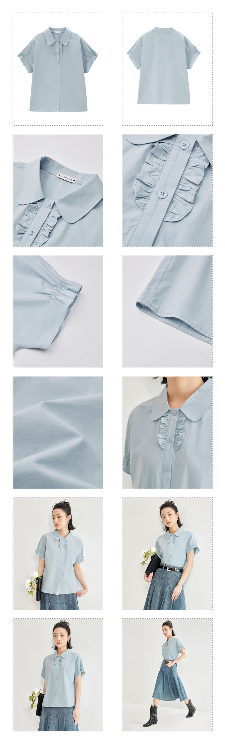 GIORDANO Women Shirts 100% Cotton Ruffle Placket Shirts Lightweight Short Sleeve Summer Simple Fashion Casual Shirts 18344610