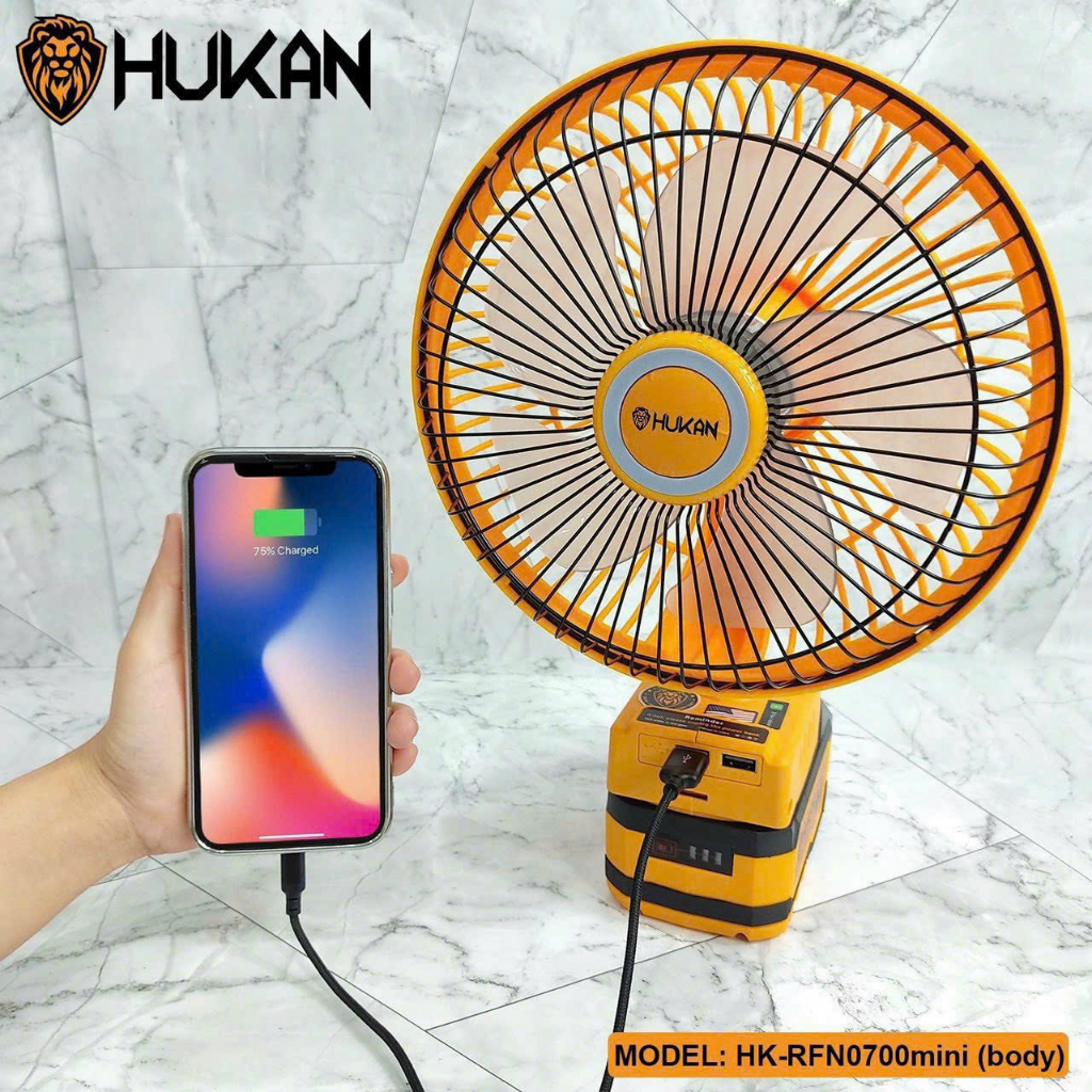 Thân Quạt 8inch Chạy Pin Hukan HK-RFN0700Mini Không Chổi Than Có 2 Cổng Sạc USB Chân pin phổ thông M