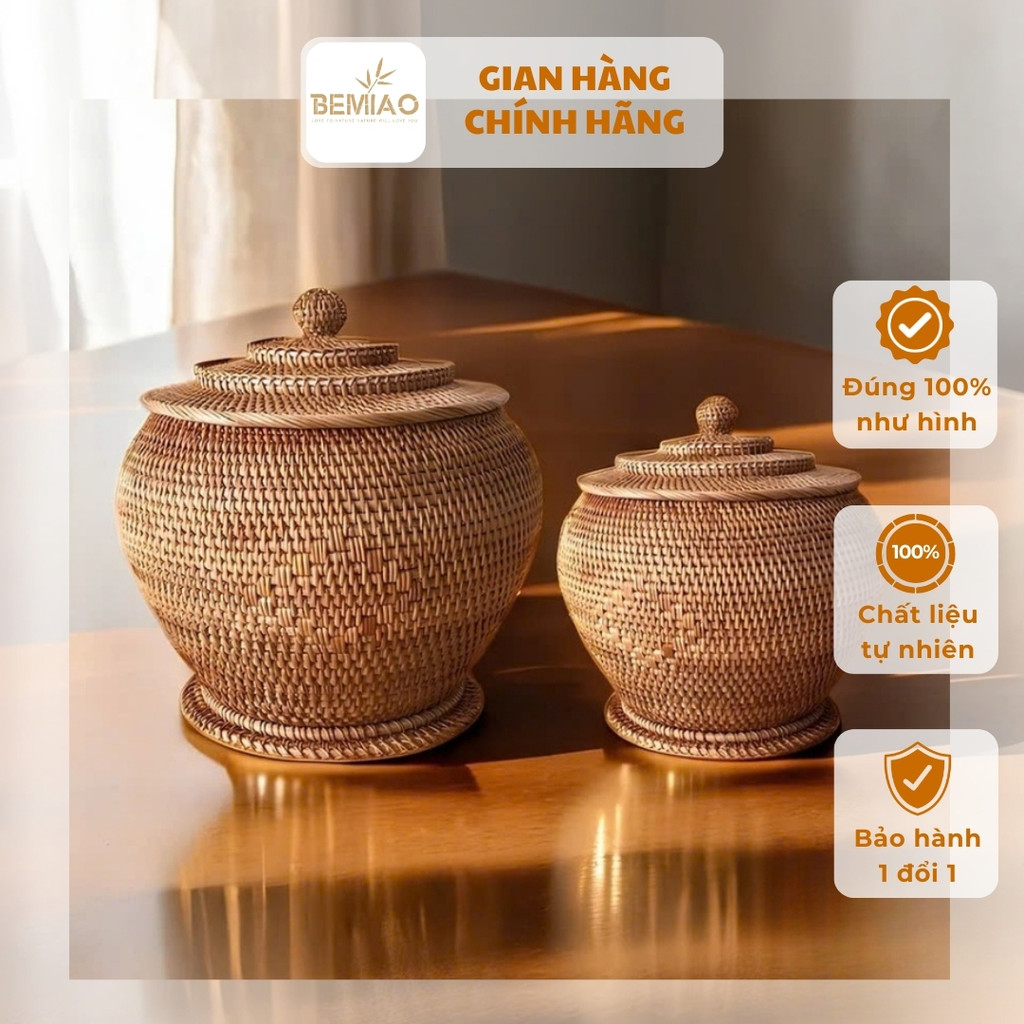 Bình ủ trà giữ nhiệt BEMIAO mây tre, ấm mây ủ trà, giỏ đan mây tích trà