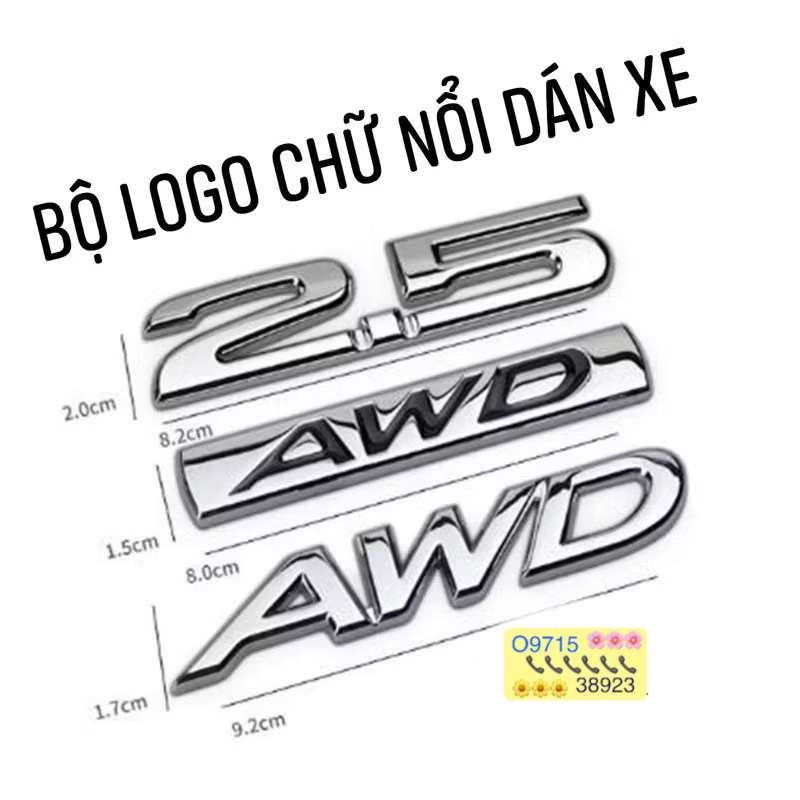 logo chữ 2.0 2.5 AWD kim loại dán thân xe