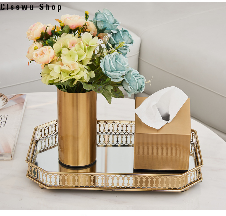 European-style cylindrical metal electroplated vase ornaments living room model room golden iron flower arrangement light luxury soft decoration