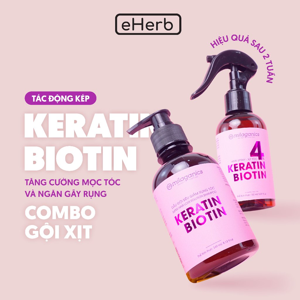 Combo siêu mọc tóc dầu gội & xịt mọc tóc biotin & keratin 4% siêu tăng cường mọc tóc, ngừa rụng milaganics chính hãng