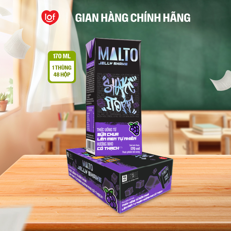 Sữa chua lên men tự nhiên MALTO Jelly Shake Shake It Off hương nho có thạch thùng 48 hộp x 170ml