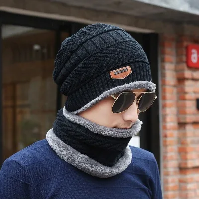 Knitted Hat Scarf Caps Neck Warmer Winter Hats For Men Women Skullies Beanies Warm Fleece Cap