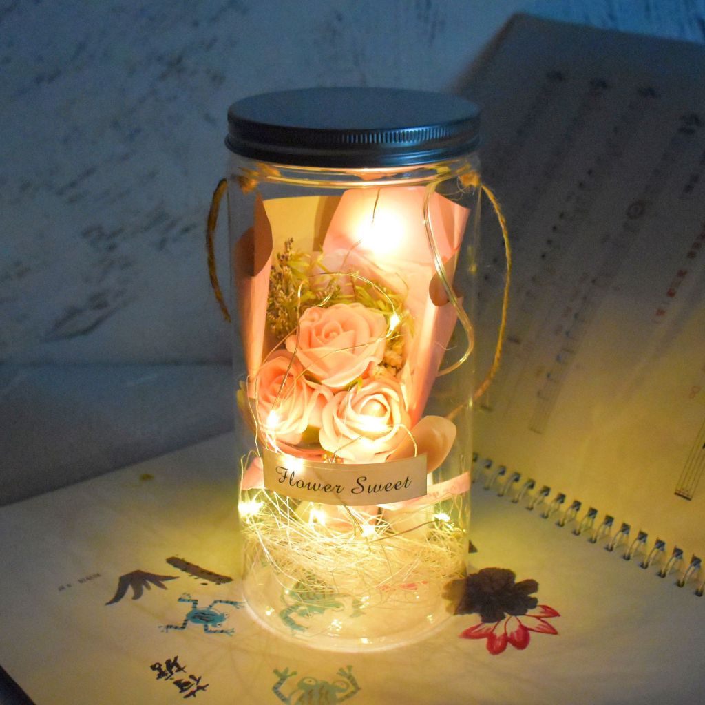 NEW KOREANS Bucket Bunga Kering Lampu Led Kaca Buket Kado Wisuda Artificial Flower