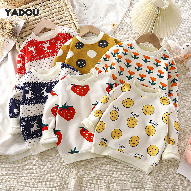 YADOU Children's fleece T-shirts, autumn and winter new styles, boys' sweaters, thickened long-sleeved clothes, girls' warm clothing, children's clothing ราคา  153 บาท*ส่งฟรี