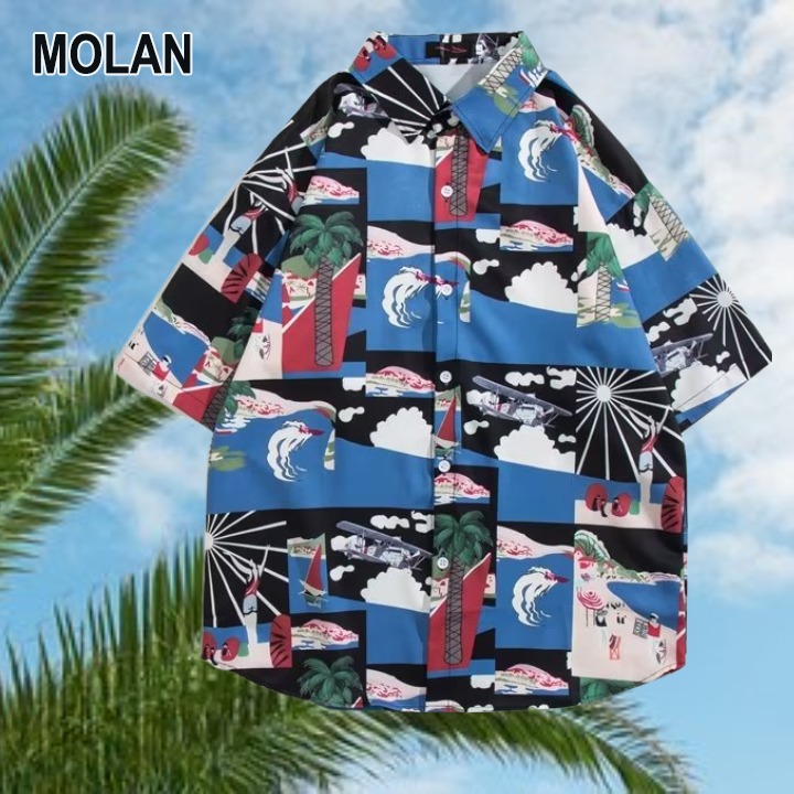 MOLAN Men's Hawaiian style shirt art new standard simple shirt daily temperament youth popular long sleeve spring trend men flower shirt - ยี่ห้อ Molan ราคา 144 บาท*ส่งฟรี