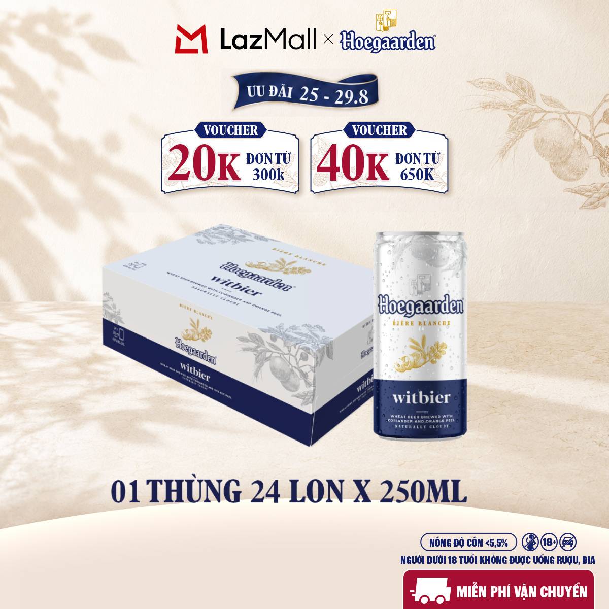 Thùng 24 Lon Bia Hoegaarden White - Bia Bỉ Chính Hiệu Lúa Mỳ (250ml/lon)