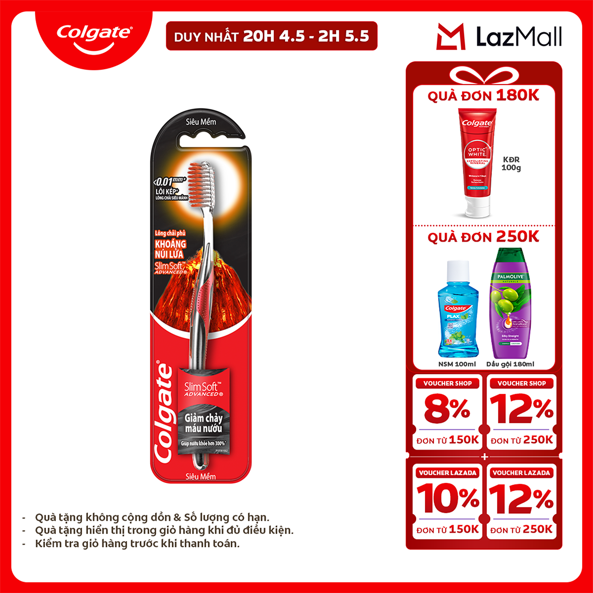 [Chỉ 25-29.4_X2 Voucher giảm 20%] Bàn chải Colgate SlimSoft Advanced ngăn chảy máu nướu từ khoáng núi lửa siêu mềm mảnh