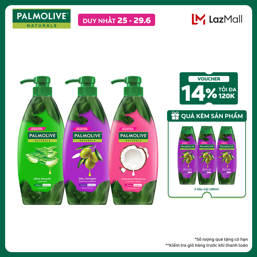 [Chỉ 25-29.6_Mua 3 tặng 3 Gội 180ml] Bộ 3 Dầu gội Palmolive kèm xả 2-trong-1 chiết xuất thiên nhiên 600ml