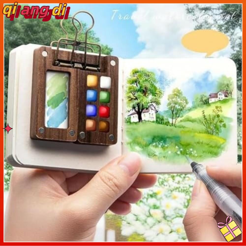QIANGDI 8 ô lưới Bảng màu bỏ túi Quả óc chó 15 ô Bộ màu nước bằng gỗ Bằng gỗ Bộ màu nước mini Du lịch