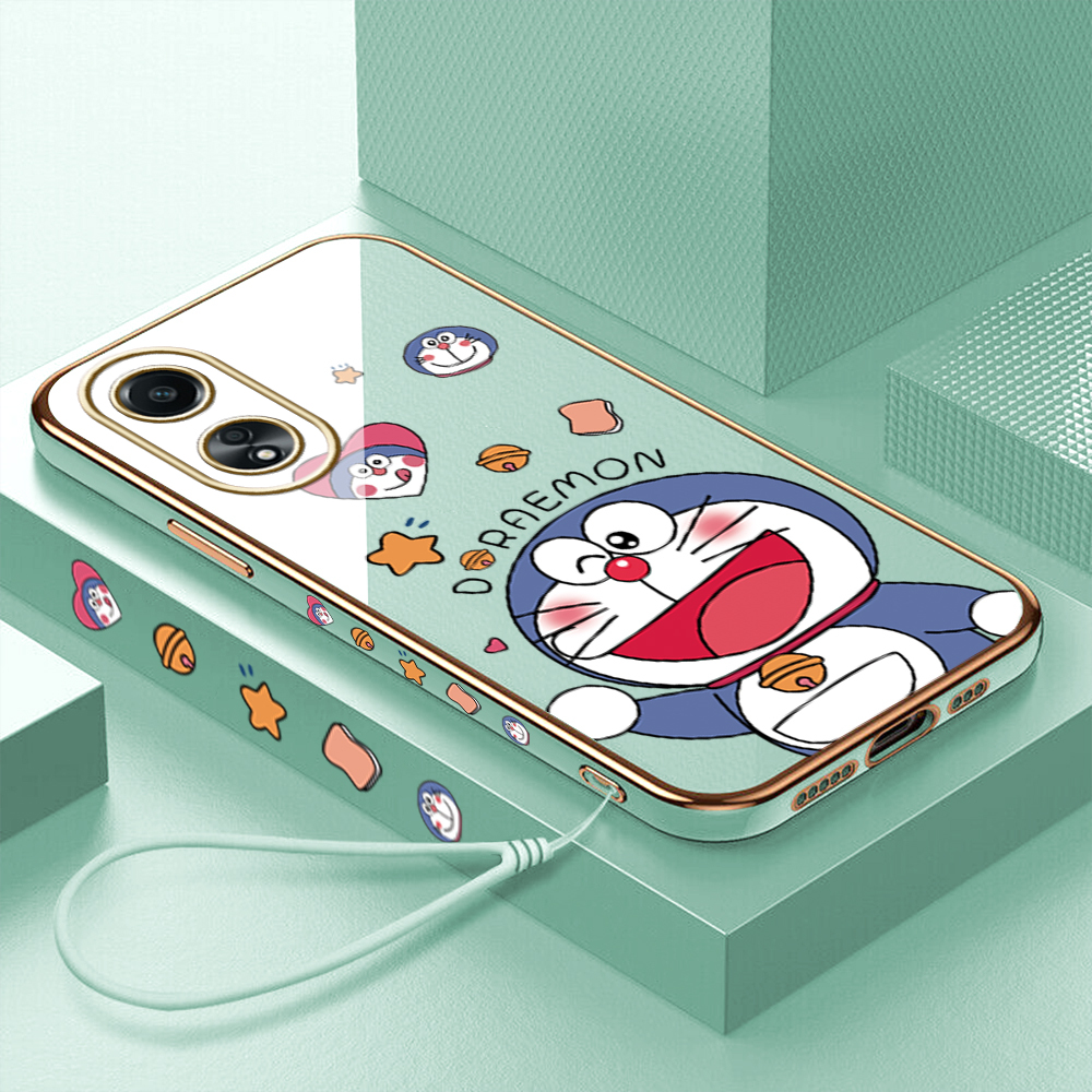 Ốp điện thoại cho OPPO A38 /OPPO A18 oppoa38 oppoa18 trường hợp cho cô gái chàng trai với dây buộc + dễ thương phim hoạt hình Doraemon Con mèo hạnh phúc Vỏ mạ lưng mềm Bìa