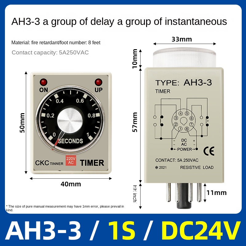 Timer Relay AH3-3-1s-dc24v | tùy chọn Rơ Le thời gian AH3-3, AH3-2 CKC, 1s-60m, AC220V/DC24V, Trễ Bật, 8 Chân, Công Nghiệp, IP50, Độ Chính Xác Cao