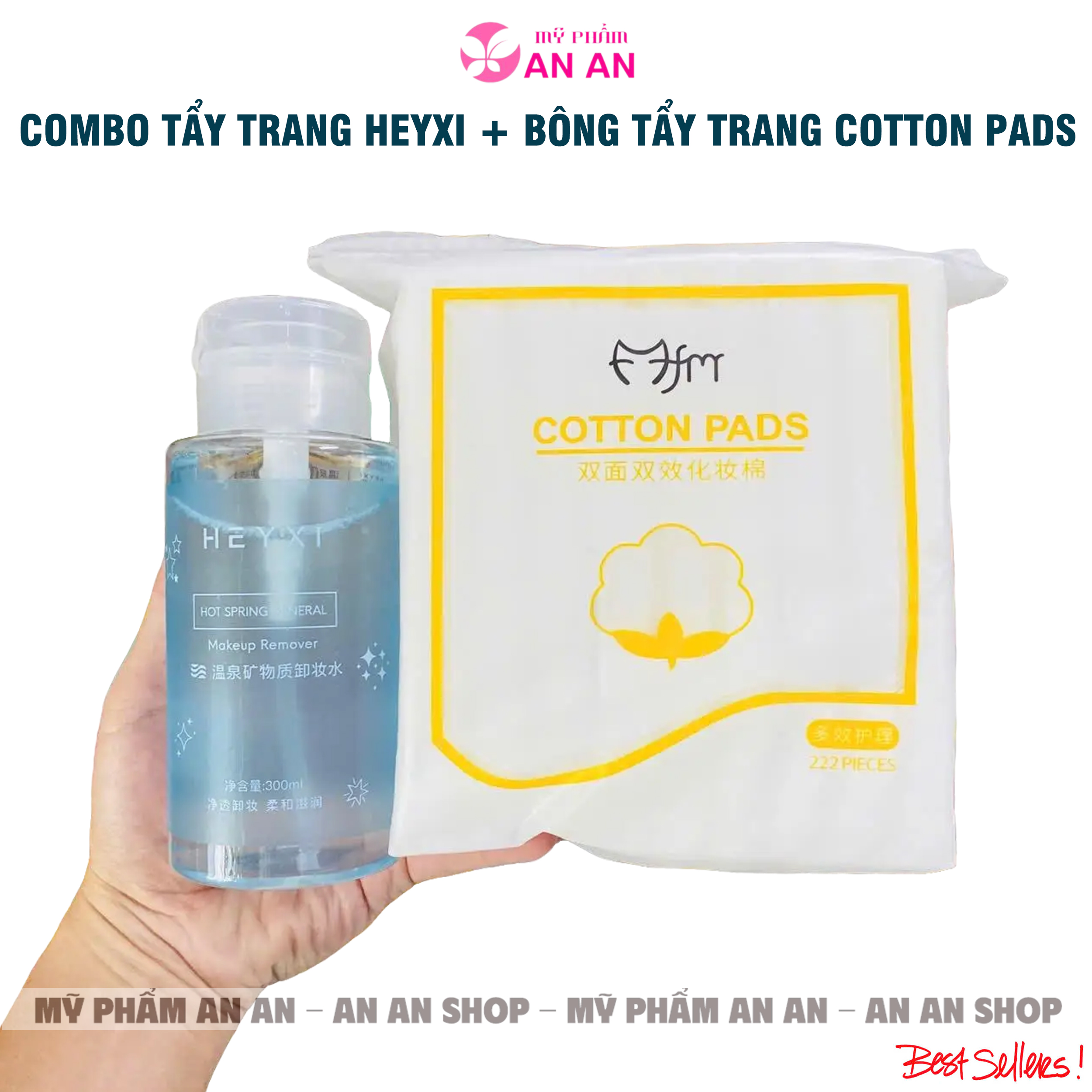 Combo Tẩy trang nắp nhấn Heyxi 300ml và Gói 222 bông tẩy trang Cotton Pads - Hàng chính hãng