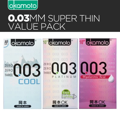 [Bundle of 3] Okamoto 003 0.03 Super Thin Condoms Value Pack [Cool 10s + Platinum 10s + Hyaluronic Acid 10s]