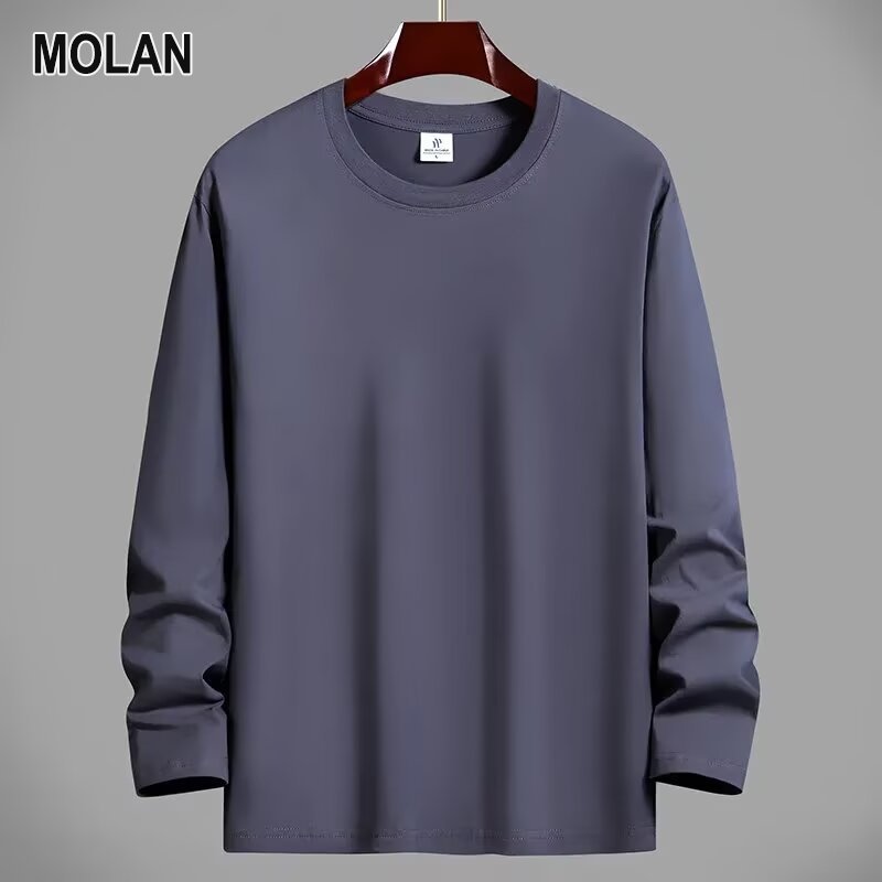  MOLAN Áo thun nam tay áo dài cổ tròn vải cotton nguyên chất Áo sơ mi mặc trong rộng 