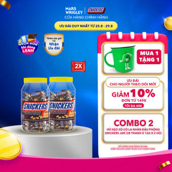 Combo 2 Hũ kẹo sô cô la nhân đậu phộng Snickers jar (38 thanh x 12g x 2 Hũ)