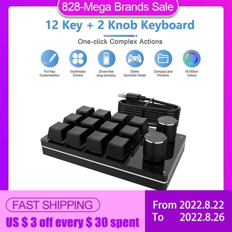 Bàn phím macro 12 phím 2 núm Bàn Phím Cơ trao đổi nóng bàn phím tùy chỉnh bàn phím một tay Chơi game mini bàn phím Bàn phím mini