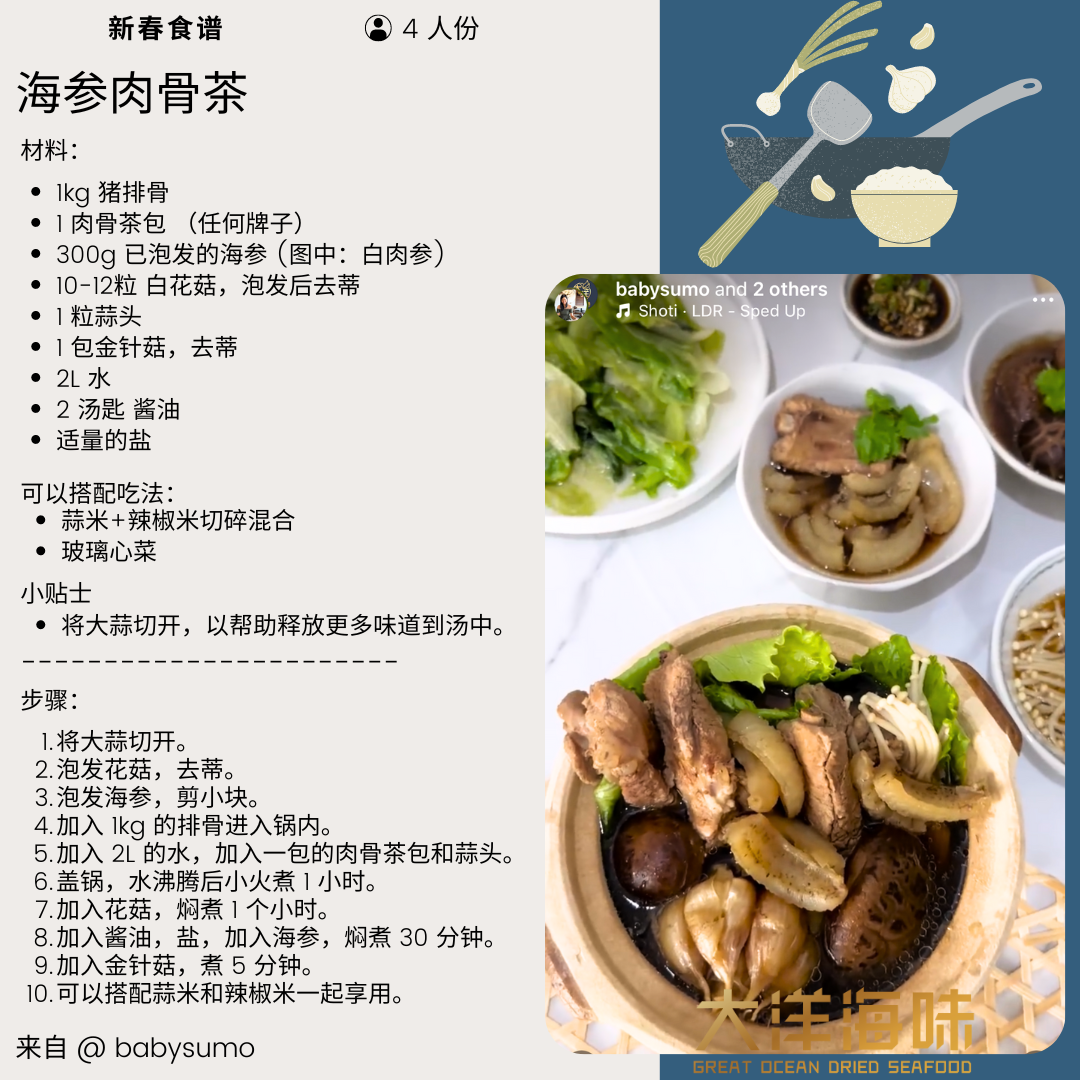 Chinese recipe card for bak kut teh with sea cucumber and pork ribs｜海参肉骨茶中文食谱