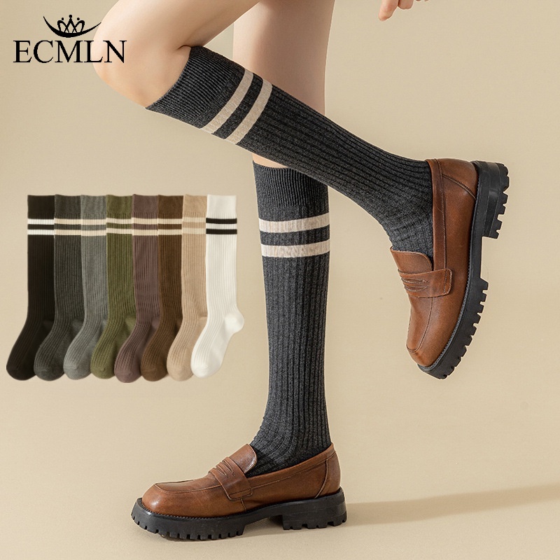 ECMLN Tất Cotton Bê Cho Nữ Nhật Bản JK Tất Dài Đến Đầu Gối Vừa Ins Thời Trang Bé Gái Sinh Viên Đại Học Phong Cách Sọc Cổ