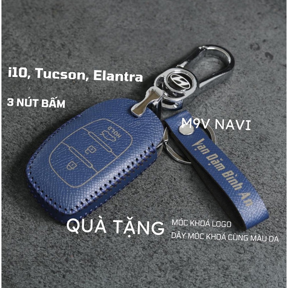 Bao da móc khoá bọc ốp chìa khóa xe ô tô Hyundai i10, Tucson, Elantra, da bò thật