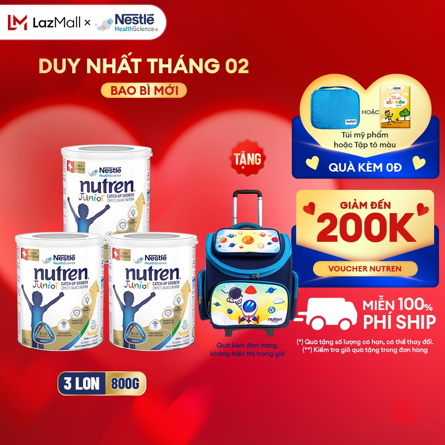 [Tặng Balo Cần Kéo Nutren Màu Xanh] Combo 3 Lon Sữa bột Nutren Junior Thụy Sĩ hỗ trợ tăng cân tiêu h