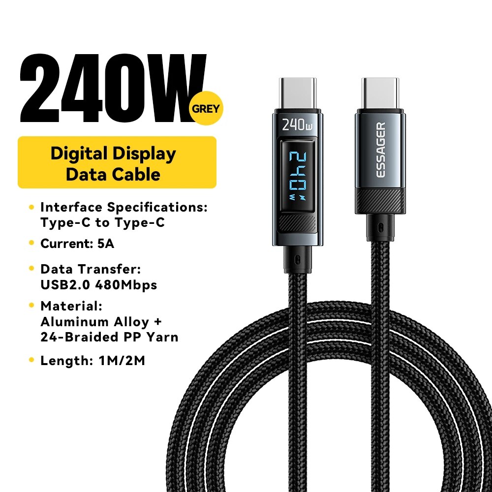 Essager 240W loại USB C Để USB C Cáp Màn hình hiển thị kỹ thuật số 100W Pd 3.1 Nhanh Chóng Sạc dây s