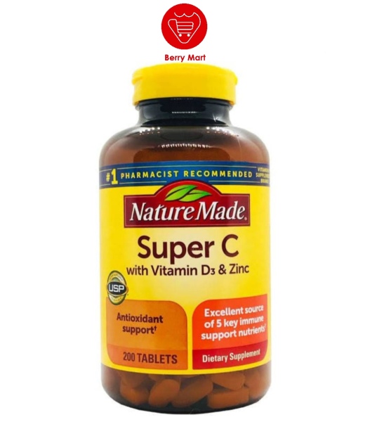 Viên Uống Nature Made Super C With Vitamin D3 & Zinc, 200 viên | Chính hãng Mỹ giúp tăng đề kháng và hệ miễn dịch ,làm giảm nồng độ cholesterol trong máu, ngăn ngừa các tình xơ vữa động mạch | Berry Mart | BR227 nhập khẩu